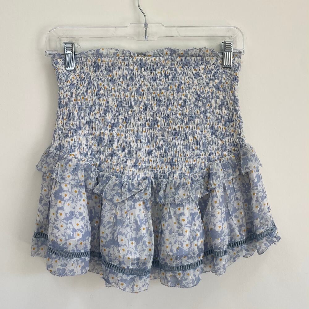 Saylor Smocked Floral Mini Ruffle Skirt Blue Size Small
